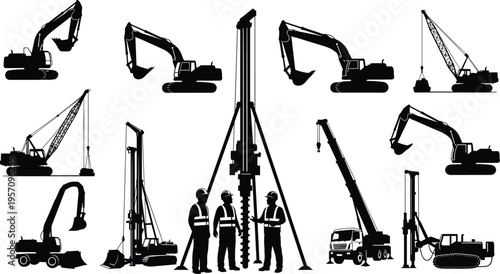 Black Silhouette Vector Set of Heavy Construction Machinery Including Excavators Cranes and Drilling Rigs with Workers Isolated on White Background for Industrial Building Site Design