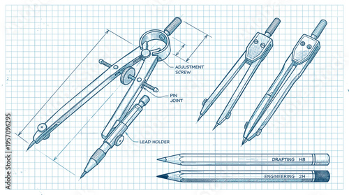 Technical blueprint of engineering drafting compass with lead holder and pencils on blue grid paper background.
