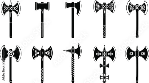 Black Silhouette Vector Set of Medieval Battle Axes and Fantasy Warrior Weapons Isolated on White Background for Gaming Assets History Graphics and Heraldry Design