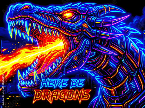  Neon glow Dragon  illustration from the perspective of the mouth text (here be dragons)