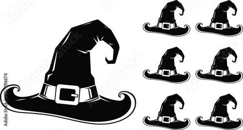 Black witch hat silhouette set with buckle and curled tip isolated on white background, Halloween clipart collection, spooky costume accessory vector illustration