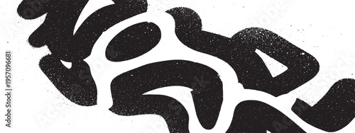 Abstract graffiti style letter forms with spray paint texture, black and white graphic element, street art