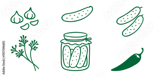 Pickle and Cucumber Line Icons Set – Garlic, Dill, Jar, Chili Pepper Food Vector Collection