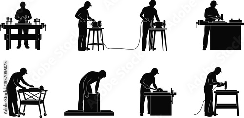 Carpenter woodworker craftsman artisan handyman technician engineer worker professional furniture maker builder repairman mechanic operator using tools machinery workbench in workshop studio 