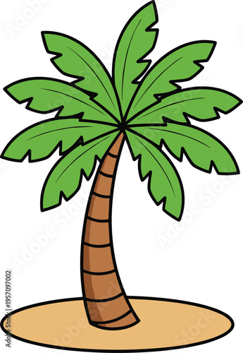Cartoon palm tree illustration isolated on light background, tropical beach plant with green leaves and curved trunk, summer vacation nature vector for design