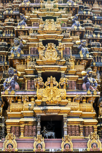 A section of the gopuram at Nullar Kandaswamy Devasthanam at Jaffna in Sri Lanka. Founded in 948 CE this temple is dedicated to Lord Murugan.