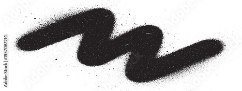 Black spray paint squiggle shape with granular texture on a white background, abstract grunge design element, brush stroke