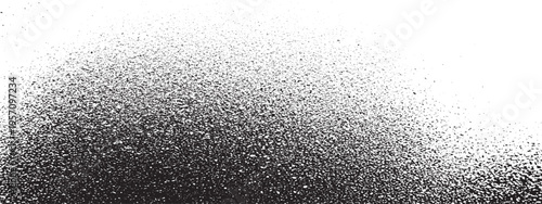 Black granular spray paint texture spreading across white background, abstract distressed graphic element with particle effect, brush stroke