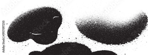 Two abstract black blobs with granular texture, spray paint effect on white background, organic shapes for design, brush stroke