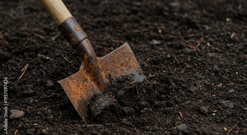 Rusty garden spade stuck in ground in wet soil with close texture and dark moody tones