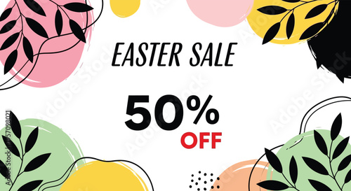 A colorful Easter sale advertisement with 50 percent off discount offer and leafy illustrations