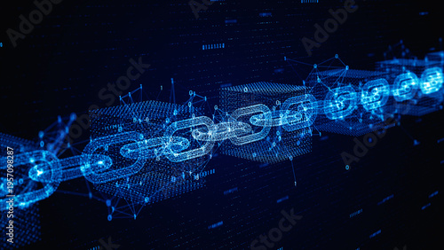 Futuristic Digital Blockchain, Network Technology with Data Flow and Cyber Security Concept. 3D Rendering