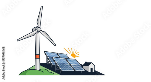 Vector illustration of renewable energy system with wind turbine and solar panels