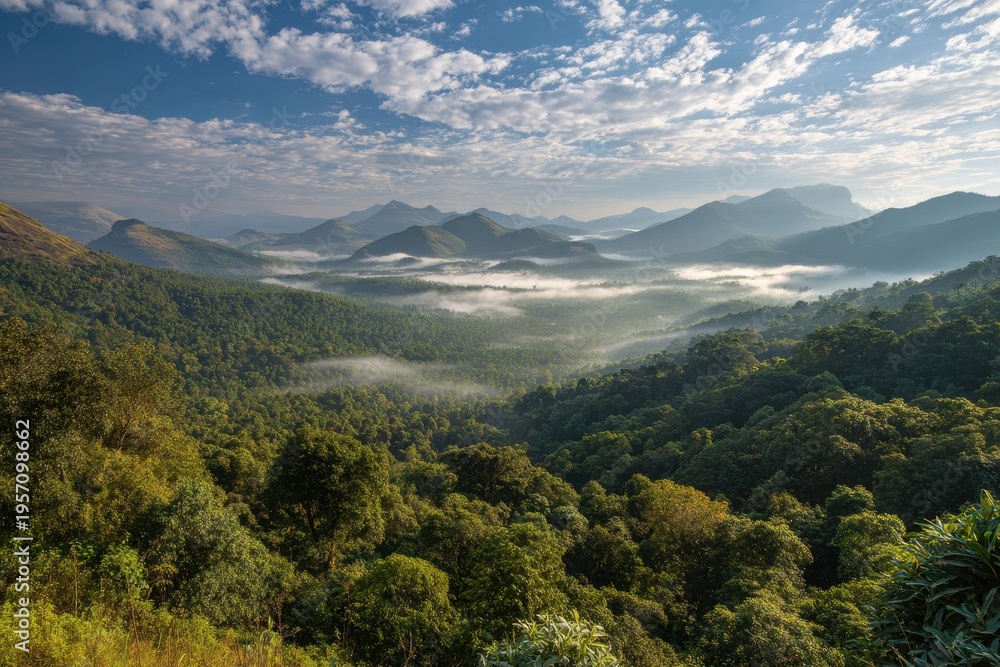 Fototapeta premium Emerald slopes and soft mist in the Western Ghats at dusk