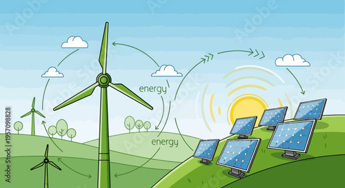 Renewable energy sources vector illustration, solar panels and wind turbines
