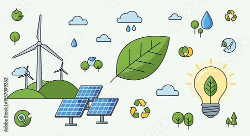 Set of eco friendly icons vector, green energy symbols