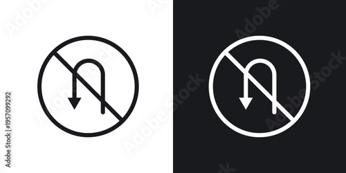 No u turn road sign set in black and white stroke lines