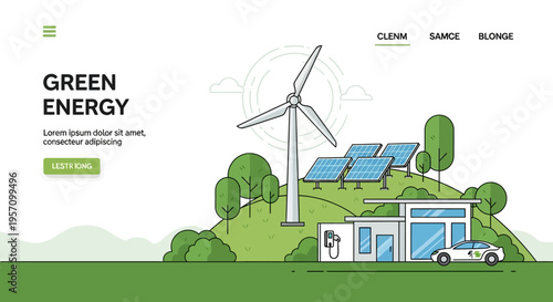 Vector illustration of green energy concept with wind turbine and solar panels