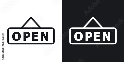 Open sign set in black and white stroke lines