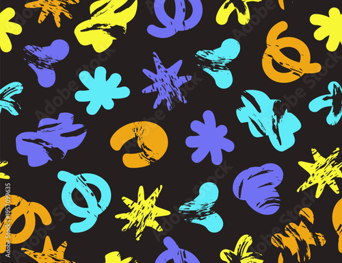 Seamless pattern with abstract shapes with different textures and colors in house style.