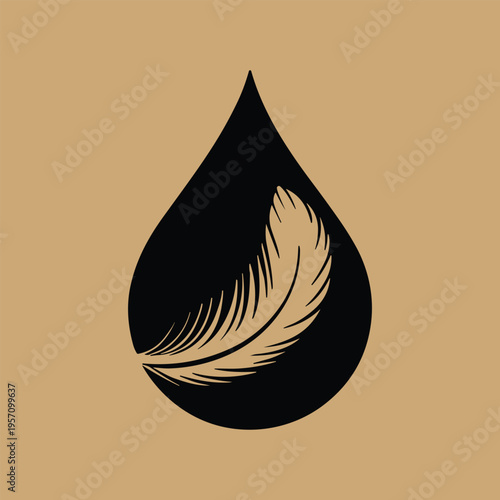 A black teardrop shape with a gold feather on a gold background