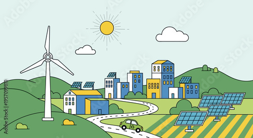 Vector illustration of eco-friendly city with renewable energy sources