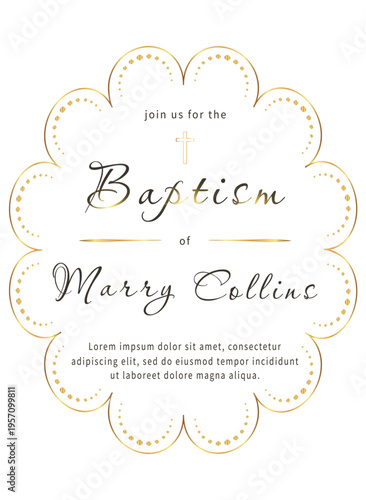 Christian Baptizing Invitation with golden frame, glowing golden cross and text. Vector template
