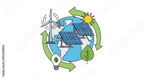 Vector eco friendly icons set with solar panel, wind turbine and globe