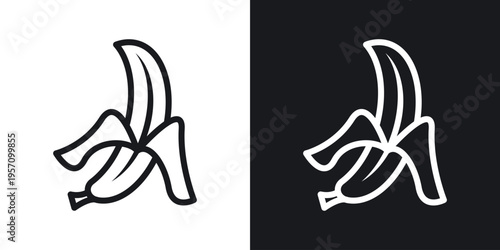 Peeled banana icon set in black and white stroke lines