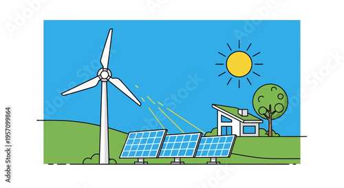 Set of renewable energy icons vector, solar panel and wind turbine