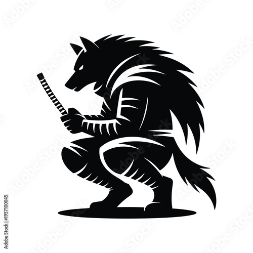 A black silhouette of a wolflike creature holding a sword