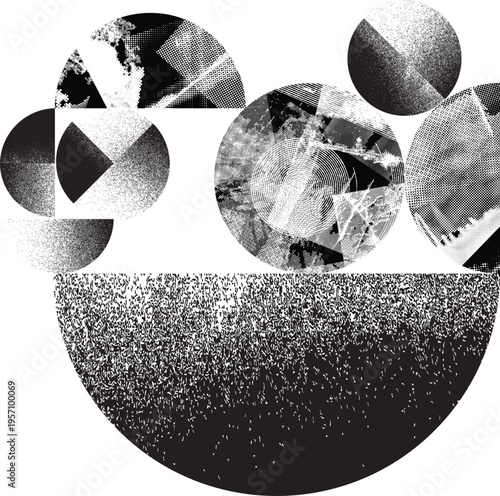 Textured black half circles composition .Graffiti art design . Noise textured semi circles . Spray effect .Grunge texture .Art design forms.Distressed element .Rough roller paint semicircles .Vector 