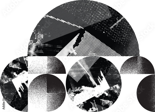 Textured black half circles composition .Graffiti art design . Noise textured semi circles . Spray effect .Grunge texture .Art design forms.Distressed element .Rough roller paint semicircles .Vector 