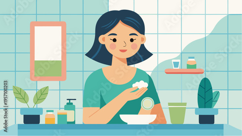 Woman applying natural basil cosmetics in bathroom skincare routine organic beauty illustration