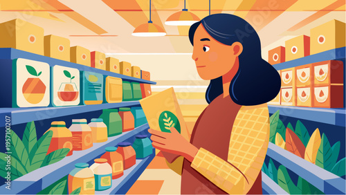 Woman reading product label in grocery store aisle choosing healthy food modern flat illustration