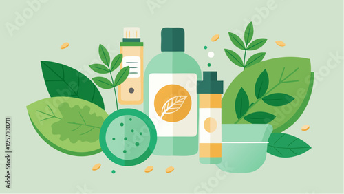 Natural basil cosmetics products with leaves and bottles organic skincare herbal beauty illustration