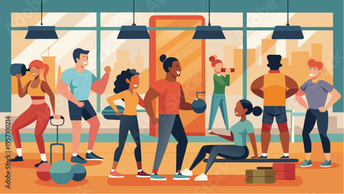 Group of people training in gym focused on bulking strength workout and muscle building active lifestyle illustration