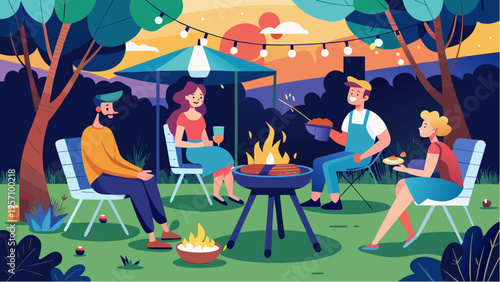 Friends having barbecue party in backyard around grill at sunset social gathering outdoor leisure illustration