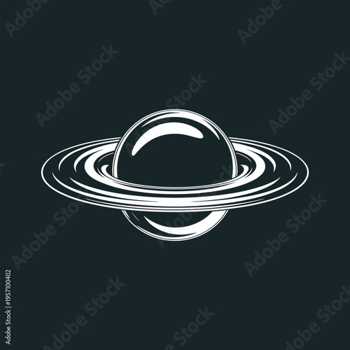Saturn planet with rings in a minimalist white line drawing style