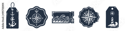 Anchor, Compass and Wave Monochrome Icon Set. High quality stock illustration with clear subject focus, cohesive composition, and versatile commercial applicability across branding, editorial.