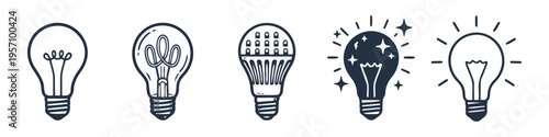 Distinct light bulb and filament set in outline style. Light Bulb, Filament and Bulb Base Monochrome Icon Set. High quality stock illustration with clear subject focus, cohesive composition.