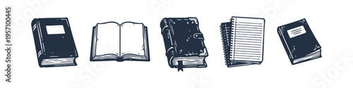 Book, Open Book and Leather Book Monochrome Icon Set. High quality stock illustration with clear subject focus, cohesive composition, and versatile commercial applicability across branding, editorial.