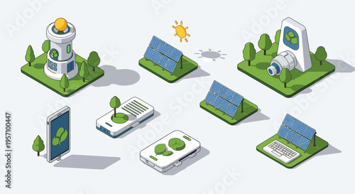 Set of 7 eco friendly technology icons vector, isometric green energy symbols