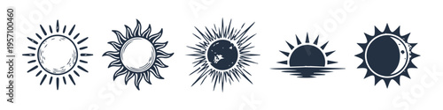 Sun, Distinct and Varying Monochrome Icon Set. High quality stock illustration with clear subject focus, cohesive composition, and versatile commercial applicability across branding, editorial.