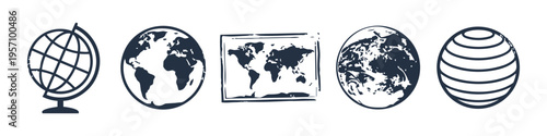 Distinct globe and world map set in outline style. Globe, World Map and Earth Monochrome Icon Set. High quality stock illustration with clear subject focus, cohesive composition, and versatile.