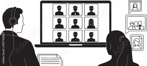 Video call of colleagues or relatives. A laptop for work or study. Portable personal computer. Vector illustration. one line art icon drawing vector