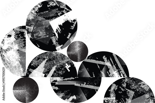 Textured black half circles composition .Graffiti art design . Noise textured semi circles . Spray effect .Grunge texture .Art design forms.Distressed element .Rough roller paint semicircles .Vector 