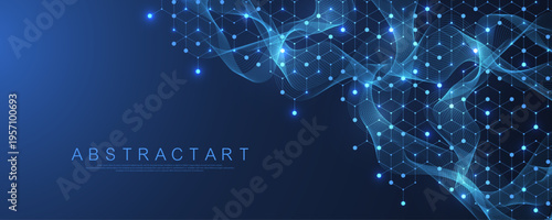 Molecular abstract structure and genetic engineering DNA. Healthcare and medicine background concept. Scientific research background. Wave flow. Innovation pattern. Vector illustration.