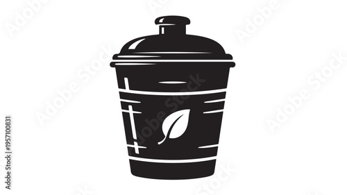 Black and white striped trash can with leaf logo vector illustration flat design