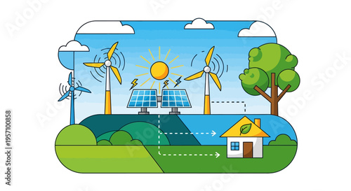 Set of eco friendly energy icons vector, solar and wind power illustration